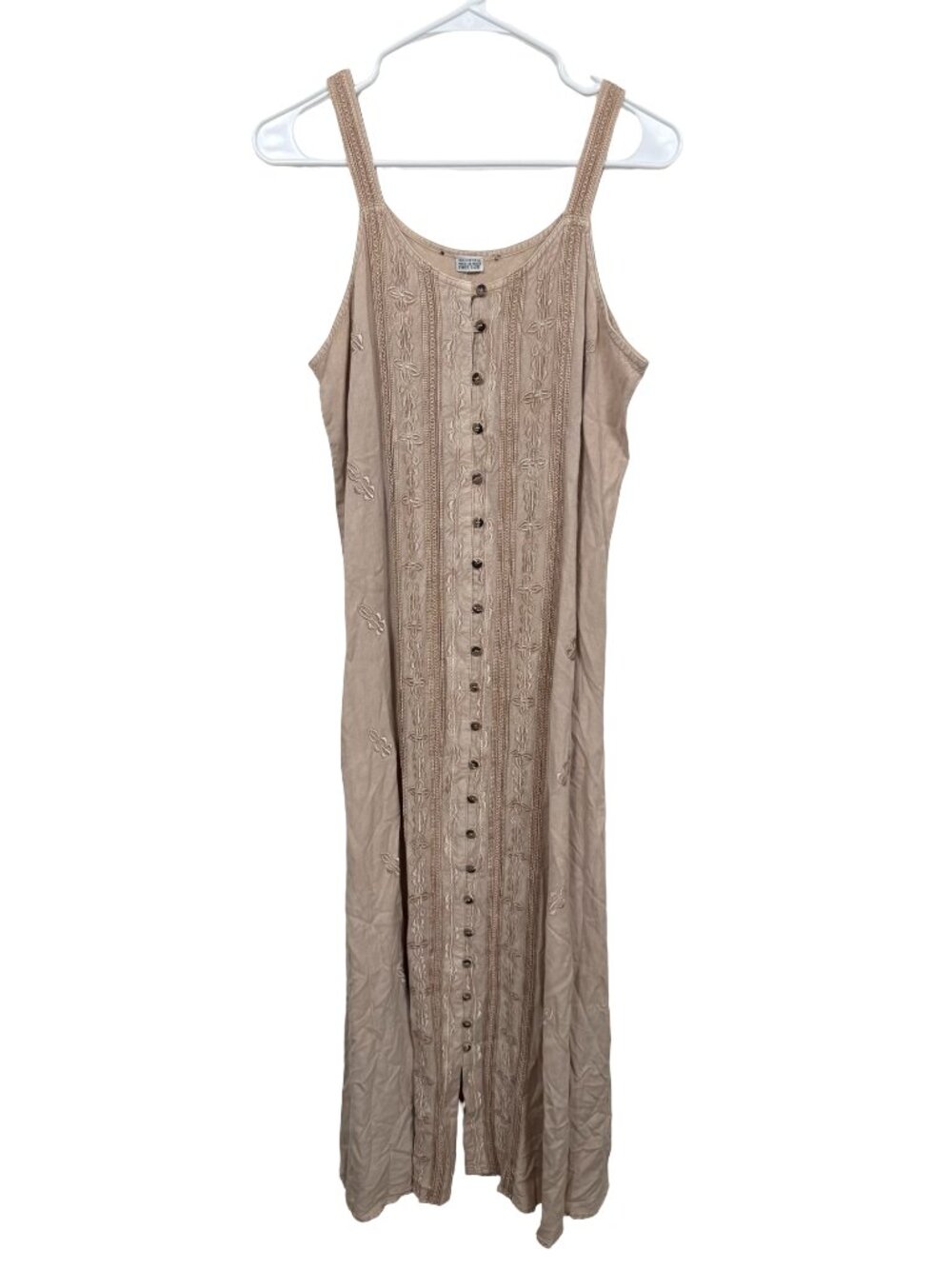 LPogee Dress One Size Beige Button Front Midi Embroidered Viscose Flowy